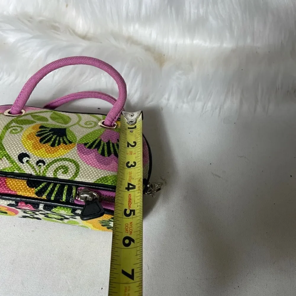 Spartina 449 Daufuskie Island multi color linen with black leather trim handbag.